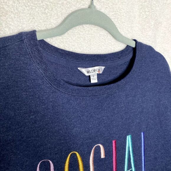 Wildfox Social Embroidered Spellout Sweatshirt Pullover Crewneck Blue Large Slit - Picture 2 of 12